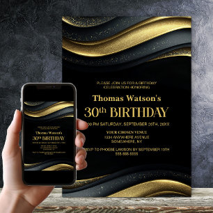 Invitation Fête d'anniversaire 30 ans moderne noir et or