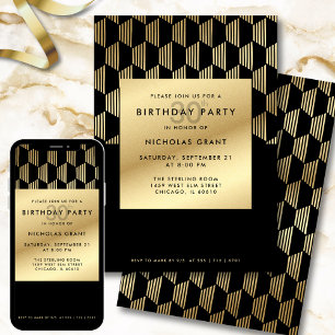 Invitation Fête d'anniversaire 30 ans Moderne Noir et Or Feui