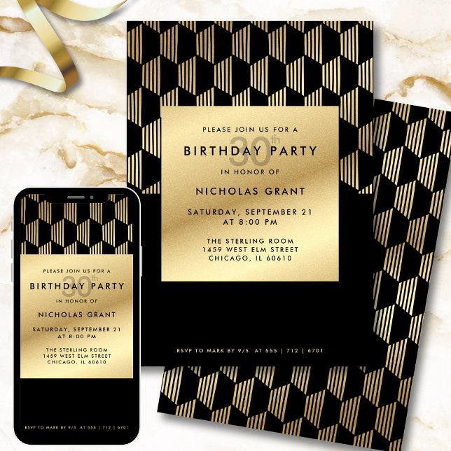 Invitation Fête d'anniversaire 30 ans Moderne Noir et Or Feui (Créateur téléchargé)