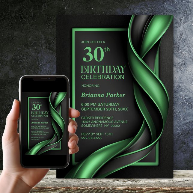 Invitation Fête d'anniversaire 30 ans moderne noire et verte (Créateur téléchargé)