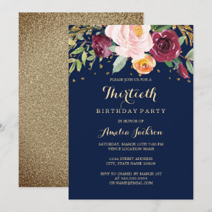 Invitation Fête d'anniversaire 30 ans Navy Burgundy Floral Gl