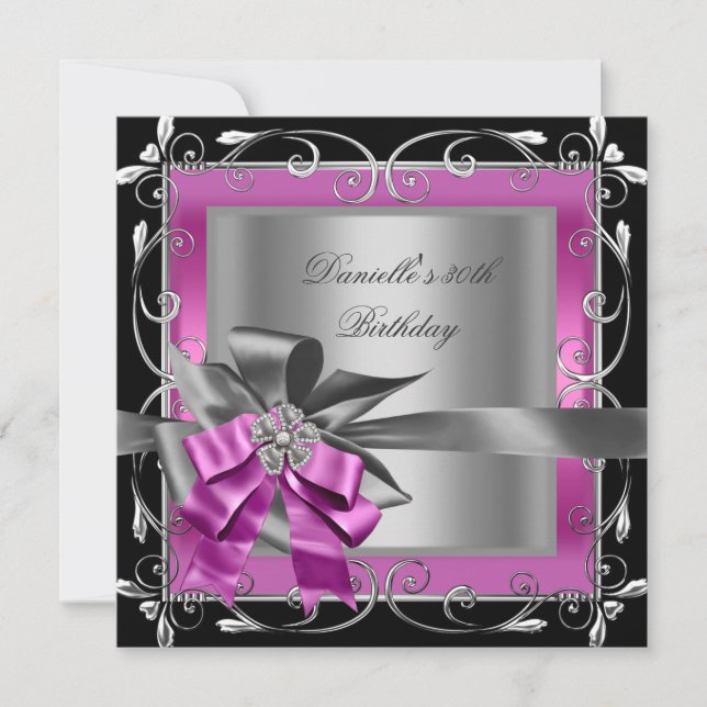 Invitation Fête d'anniversaire 30 ans Noir Rose Argent Gris N (Devant)