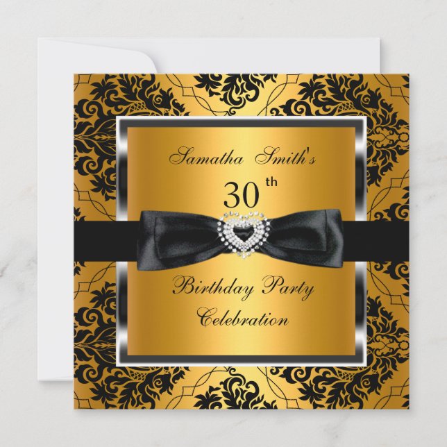 Invitation Fête d'anniversaire 30 ans or damas argent noir (Devant)