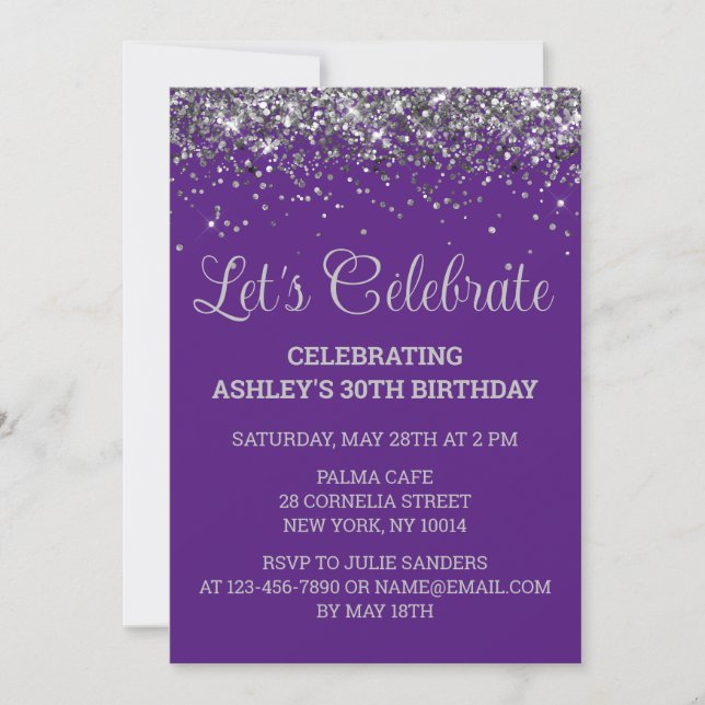 Invitation Fête d'anniversaire 30 ans paillettes violettes et (Devant)