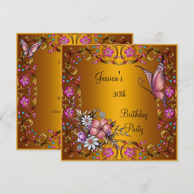 Invitation Fête d'anniversaire 30 ans Papillon floral rose Or (Devant / Derrière)