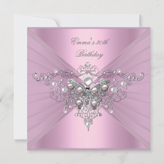 Invitation Fête d'anniversaire 30 ans Papillon Perle Rose (Devant)