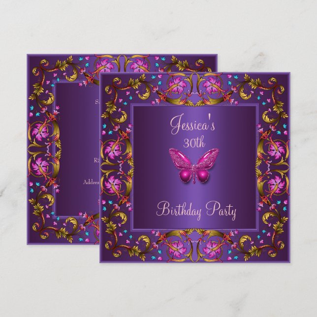 Invitation Fête d'anniversaire 30 ans Papillon Rose Violet Fl (Devant / Derrière)