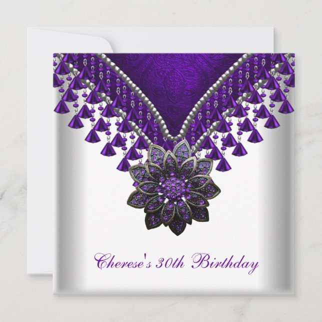Invitation Fête d'anniversaire 30 ans perles violettes blanch (Devant)