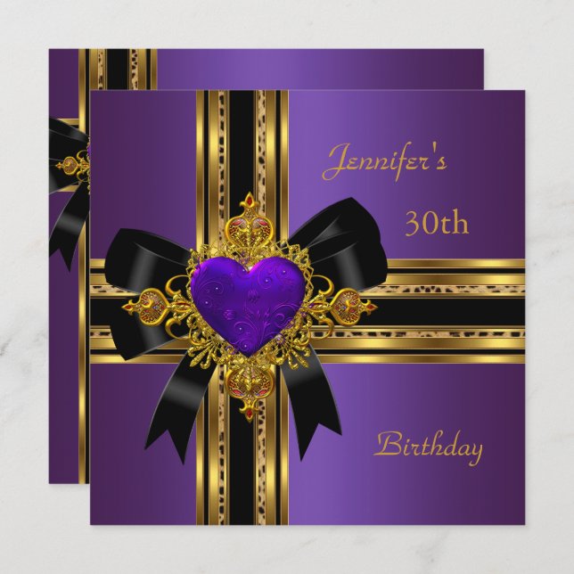 Invitation Fête d'anniversaire 30 ans Purple Gold Heart Jewel (Devant / Derrière)