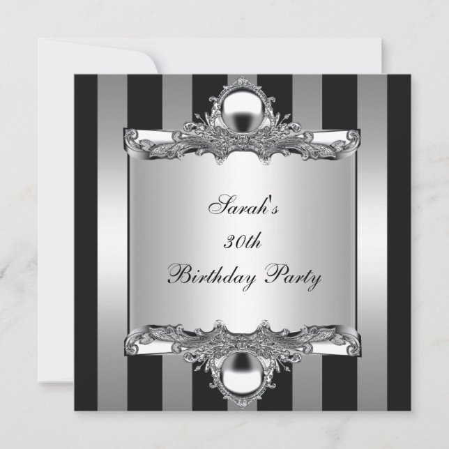Invitation Fête d'anniversaire 30 ans rayure argent noir blan (Devant)