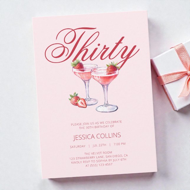 Invitation Fête d'anniversaire 30 ans Red Thirty Strawberry C (Red Thirty Strawberry Cocktail 30th Birthday Party Invitation)