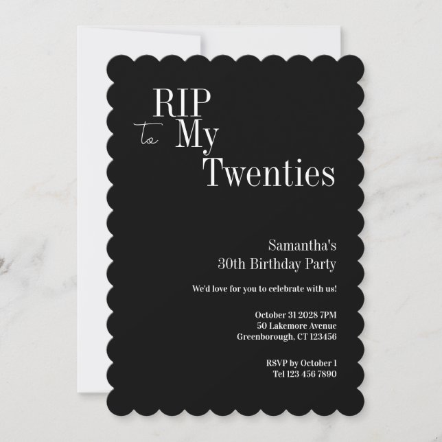 Invitation Fête d'anniversaire 30 ans RIP Twenties noir blanc (Devant)