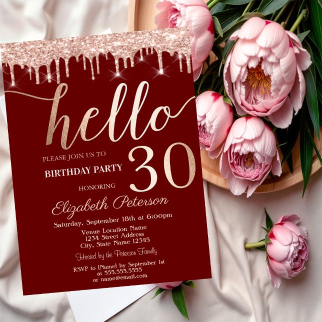 Invitation Fête d'anniversaire 30 ans Rose Gold Glitter Drips (Créateur téléchargé)