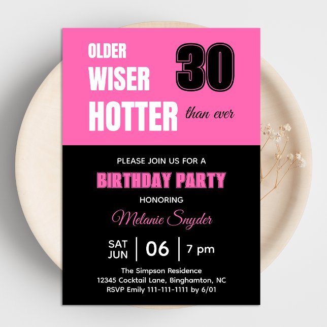 Invitation Fête d'anniversaire 30 ans rose vif Plus sage et p (Créateur téléchargé)