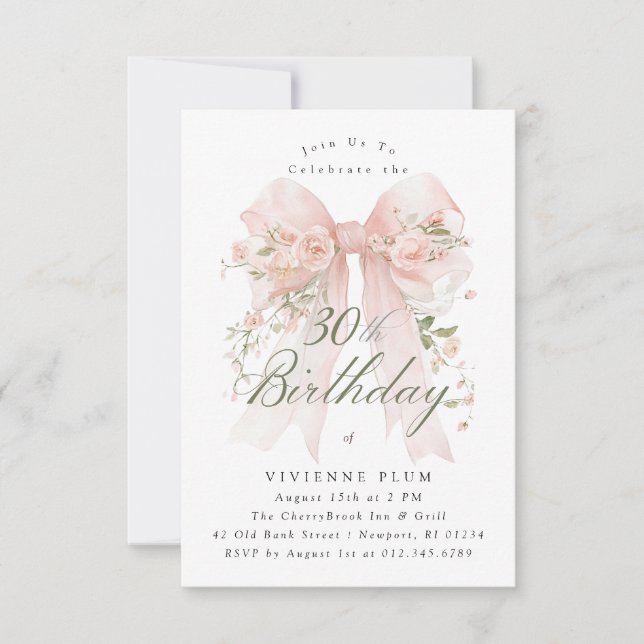 Invitation Fête d'anniversaire 30 ans Ruban Coquette Rose Flo (Devant)