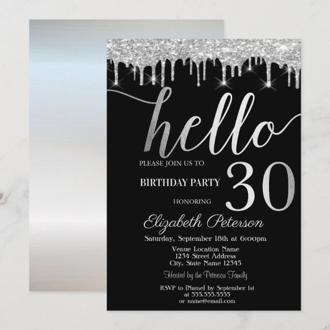 Invitation Fête d'anniversaire 30 ans Silver Glitter Drips  (Devant / Derrière)