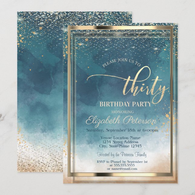 Invitation Fête d'anniversaire 30 ans Splash aquarelle Cadre  (Devant / Derrière)
