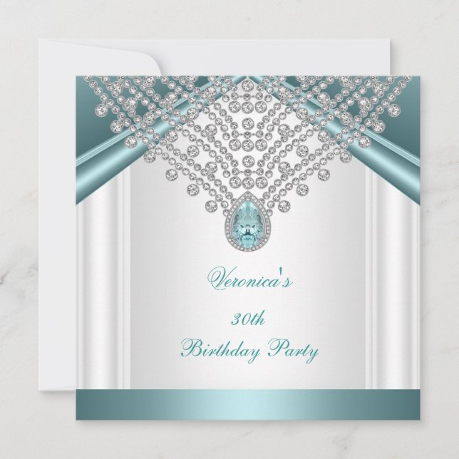 Invitation Fête d'anniversaire 30 ans Teal Bleu Blanc Diamant (Devant)