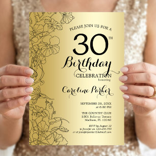Invitation Fête d'anniversaire 30 ans thème floral or