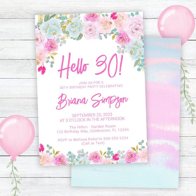 Invitation Fête d'anniversaire 30 ans thème floral Rose Bleu  (Créateur téléchargé)