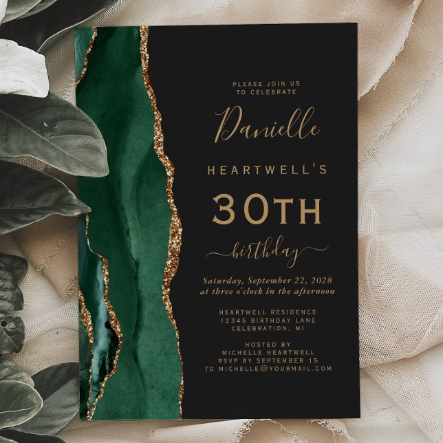 Invitation Fête d'anniversaire 30 ans vert émeraude Agate dor (Créateur téléchargé)