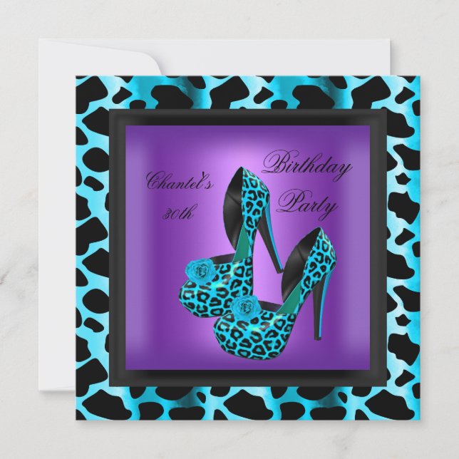 Invitation Fête d'anniversaire 30 ans Violet Léopard Bleu sar (Devant)