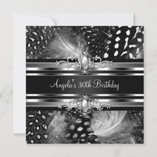 Invitation Fête d'anniversaire 30 ans Wild Feathers Argent No (Devant)