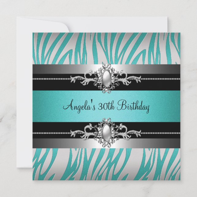 Invitation Fête d'anniversaire 30 ans Zèbre Bleu sarcelle Arg (Devant)