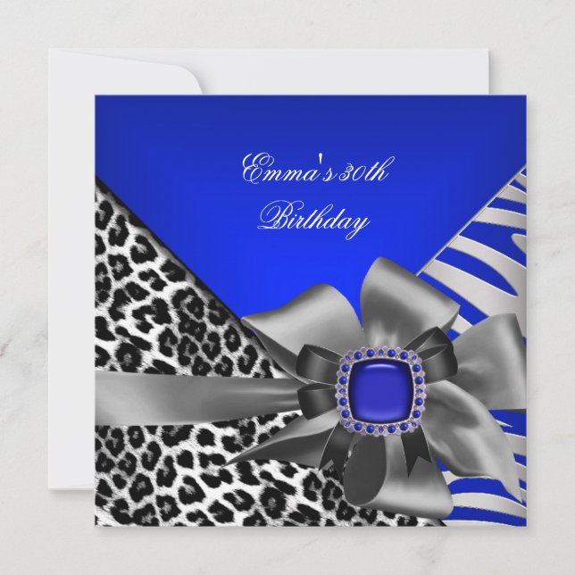 Invitation Fête d'anniversaire 30 ans Zèbre Léopard Bleu Noir (Devant)