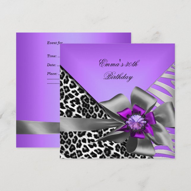 Invitation Fête d'anniversaire 30 ans Zèbre Léopard Violet No (Devant / Derrière)