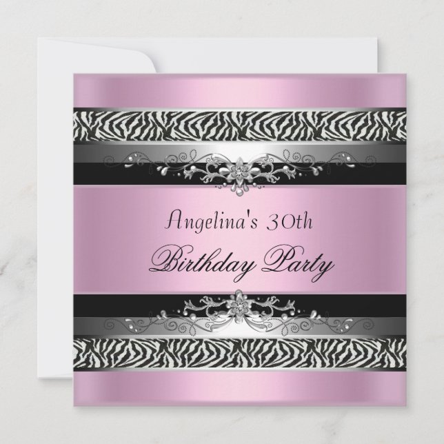 Invitation Fête d'anniversaire 30 ans Zèbre Noir Argent Rose (Devant)