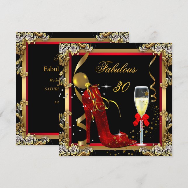 Invitation Fête d'anniversaire 30 Fabuleuse Or Rouge (Devant / Derrière)
