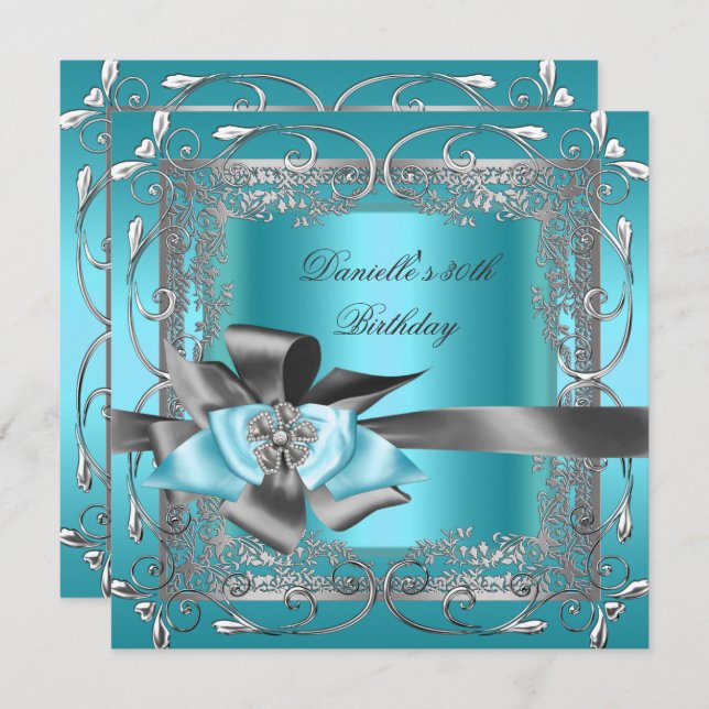 Invitation Fête d'anniversaire 30e Turquoise bleu gris argent (Devant / Derrière)