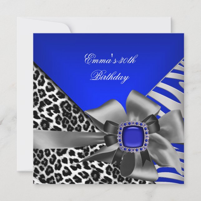 Invitation Fête d'anniversaire 30e Zebra Leopard Bleu Noir (Devant)