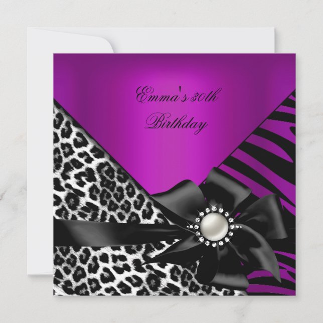 Invitation Fête d'anniversaire 30e Zebra Leopard Purple Plum  (Devant)