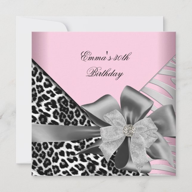 Invitation Fête d'anniversaire 30e Zebra Leopard rose noir (Devant)