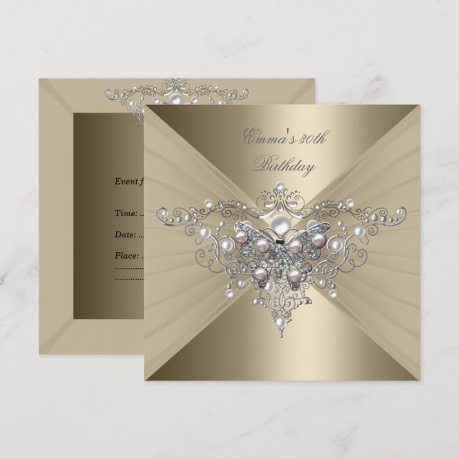 Invitation Fête d'anniversaire 30ème Or Café Rose Perle (Devant / Derrière)