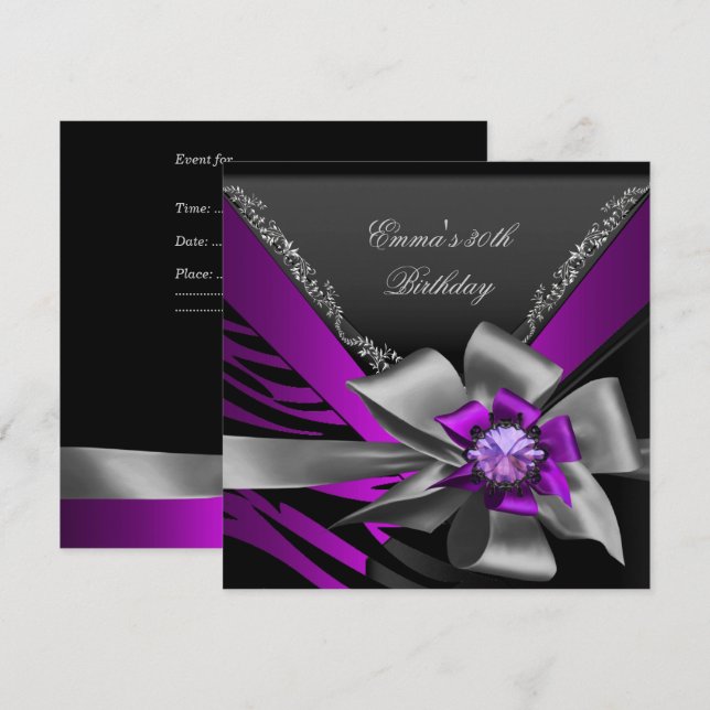 Invitation Fête d'anniversaire 30ème Zebra Purple Black Magen (Devant / Derrière)