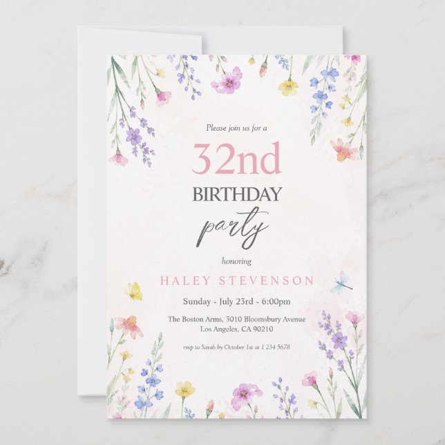 Invitation Fête d'anniversaire 32 ans Fleur pastel aquarelle  (Devant)
