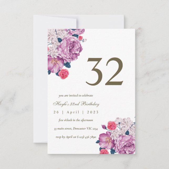 Invitation Fête d'anniversaire 32 ans simple chic botanique f (Devant)