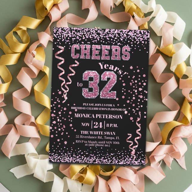 Invitation Fête d'anniversaire 32 ans Strass Rose Pailleté  (Créateur téléchargé)