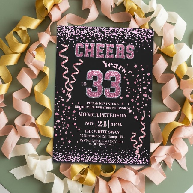 Invitation Fête d'anniversaire 33 ans Strass Rose Pailleté (Créateur téléchargé)