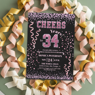 Invitation Fête d'anniversaire 34 ans Strass Rose Pailletés