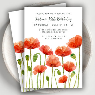 Invitation Fête d'anniversaire 35 ans aquarelle fleurs coquel