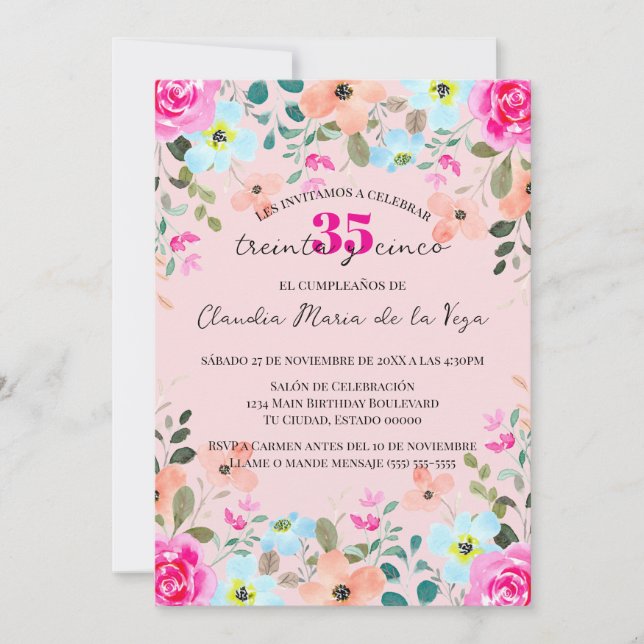 Invitation Fête d'anniversaire 35 ans aux fleurs roses vives  (Devant)