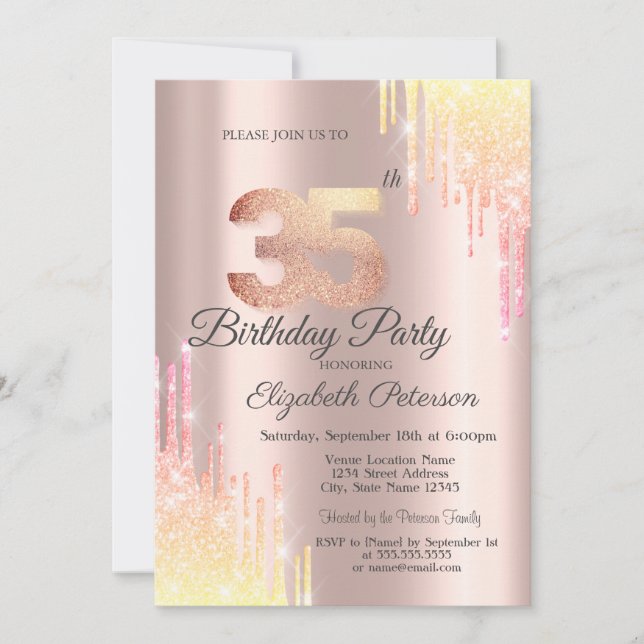 Invitation Fête d'anniversaire 35 ans Ombre Glitter Drips Ros (Devant)