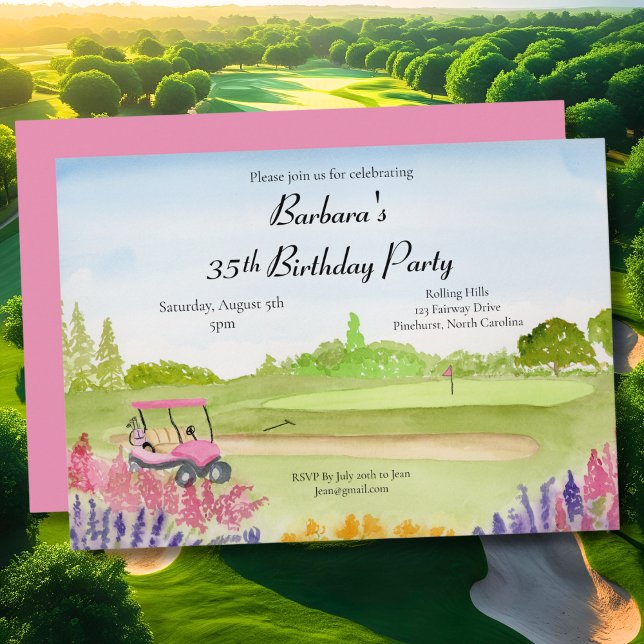 Invitation Fête d'anniversaire 35 ans Panier de golf rose Ter (Créateur téléchargé)