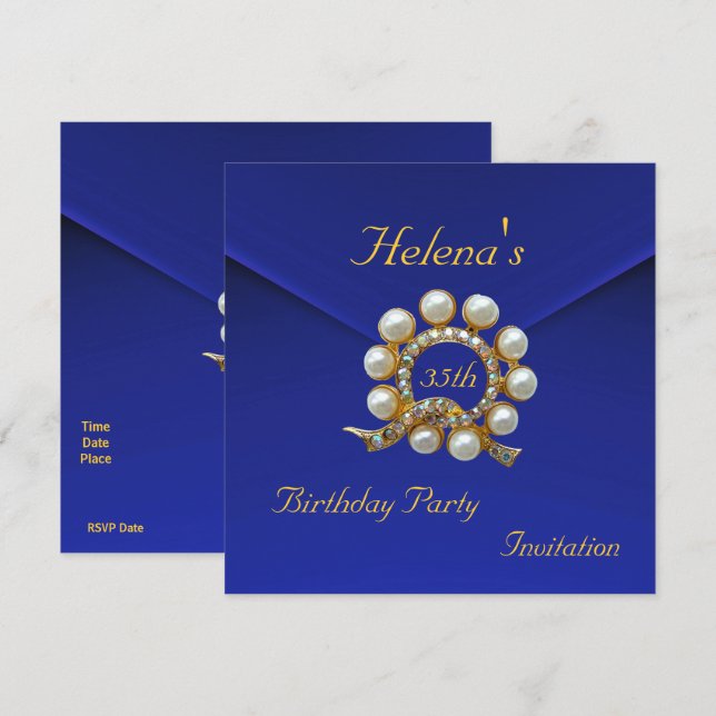 Invitation Fête d'anniversaire 35 ans Rich Blue Velours Faux (Devant / Derrière)