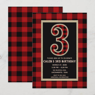 Invitation Fête d'anniversaire 3 ans au motif plaid buffle no