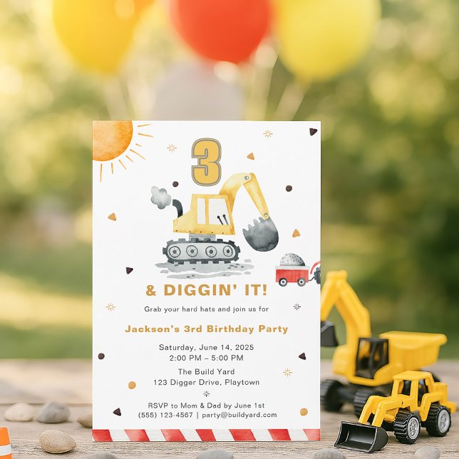 Invitation Fête d'anniversaire 3 ans Construction Camion de c (Créateur téléchargé)